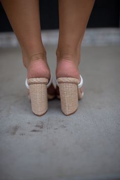 Take a fashionable and comfortable step with our 30A Gardenia Heels (White)! The stylish block heel and open-toe design will keep you on-trend and feeling cozy. Elevate your summer look with these classic white heels. Thick heel, comfy white straps, lined with rafia for a fun twist. Spring Block Heels With Contrasting Heel Counter, White Square Toe Heels With 4-inch Heel, White Block Heels With 4-inch Open Heel, Chic Wedge Block Heels For Beach, Chic Block Heels With Wedge Heel For Beach, Summer Wedge Block Heels With Wrapped Heel, Casual White Heels For Spring, White Sandals With 4-inch Heel For Spring, Summer Open Toe Block Heels With Contrasting Heel Counter