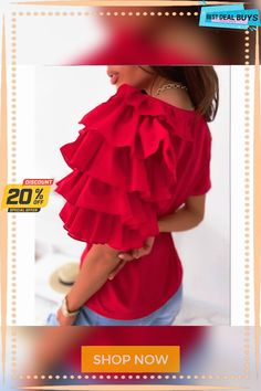 Women's T Shirt Tee Black White Red Plain Ruffle Short Sleeve Casual Weekend Basic Round Neck Regular S Trendy Red Top With Ruffles, Solid Color Ruffled Short Sleeve Tops, Solid Color Crew Neck Top With Ruffles, Red Solid Color Spring Top, Red Solid Color Top For Spring, Blouse Elegant, Summer Blouse, Loose Tees, Casual Weekend