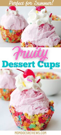 an image of dessert cups with pink frosting and sprinkles on top