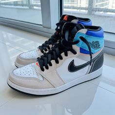 - Worn 4 Times - Comes With Black, Orange, Blue, And White Laces - Price Reflects Condition - Shoe Colors: Beige, White, Black, Orange, Blue, Light Blue Product Description: Jordan Brand Encourages Sneaker Customization With The Air Jordan 1 Prototype. With A Perforated Line Separating The Collar From The Rest Of The Upper, The Air Jordan 1 Prototype Can Be Worn As A High-Top Or Low-Top If You Choose To Safely Cut The Collar Away. White Leather Construction With Multicolor Leather And Durabuck Overlays Further Amplify The Diy Appeal Of The Design. Sneaker Customization, Shoes Jordan 1, Shoes Jordan, Jordan 1 High Og, Jordan 1 High, Jordans For Men, Air Jordan 1, Black Orange, Blue Cream