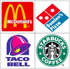 four different logos that include starbucks, domino's pizza, starbucks coffee and mcdonald's