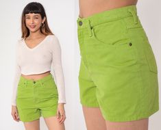 "Vintage 90s denim shorts in lime green denim with a high waist and a five pocket design. Please see measurements and condition below. Every garment we sell is authentic vintage! You will receive the exact item photographed. Condition: Very good vintage with light general wear. Best fits women's: Labelled size 10, but runs modern 8. See measurements.   Tag: Geoffrey Beene Material:  Cotton MEASUREMENTS Taken from seam to seam while the garment is lying flat. Double the armpit, waist, and hips Fo Fitted Green Jean Shorts With Pockets, Vintage Green Cotton Shorts, 90s Inspired High Waist Cotton Shorts, 90s Style Fitted Green Bottoms, Green Jean Shorts With Pockets For Summer, Fitted Green Jean Shorts For Summer, Fitted Green Jean Shorts For Spring, Green Cotton Jean Shorts, 90s Inspired High Waist Cotton Jean Shorts