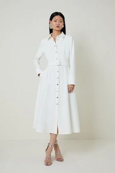 Tailored Compact Stretch Belted Shirt Dress | Karen Millen Classic Button-up Shirt Dress For Formal Occasions, Elegant A-line Shirt Dress With Button Closure, Luxury Collared Formal Dress, Luxury Collared Dress For Formal Occasions, Classic Spread Collar Dress For Work, Spring Luxury Dresses With Button Closure, Classic Single-breasted Dress For Work, Formal Spread Collar Midi Dress For Fall, Classic Single-breasted Workwear Dresses