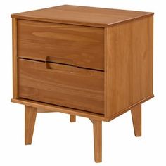 a wooden nightstand with two drawers on one side and an open drawer on the other