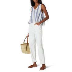 Blue and white striped linen (55% Linen, 45% Cotton). Top. Sleeveless. V-neckline. Pull on. 22" from shoulder to hemline. Imported. Striped V-neck Tank Top For Spring, Rent The Runway, Beach Ready, Closet Designs, Top Sleeveless, Striped Linen, Cotton Top, Blue Print, Madewell