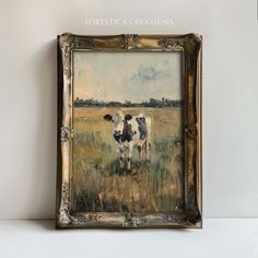 an oil painting of a cow in a field