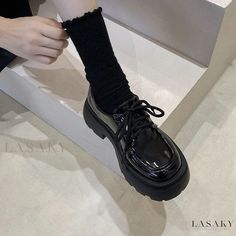 Lasaky - Luxurious Leather Black Low Heel Shoes with Belt and Laces Spring Loafers, Style Loafers, Black Heels Low, Low Heel Boots, Black Platform Heels, Womens Mary Janes, Estilo Preppy, Low Heel Shoes, Black Leather Shoes