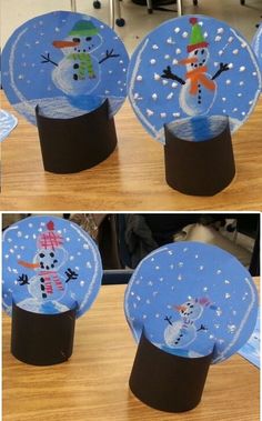 three pictures of snowmen with hats and scarfs