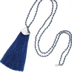 Womens Blue Tassel Pendant Necklace. Silver Beads. Long Chain. Boho Style. Blue Tassel Necklace For Gift, Elegant Blue Beaded Necklace For Beach, Blue Bohemian Necklaces For Party, Adjustable Blue Bohemian Tassel Necklace, Blue Jewelry With Silver Beads For The Beach, Elegant Blue Tassel Necklace As Gift, Elegant Blue Tassel Necklace Gift, Elegant Blue Jewelry For Beach, Blue Beaded Tassel Long Necklace