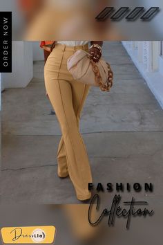 Summer Solid Color Elegant Flared Wide Legs Pants High Waist Ol Ladies Long Trousers Slim Pants Summer Office Pants Solid Color, Summer Office Pants In Solid Color, Solid Color Summer Office Pants, Fitted Yellow Bottoms Solid Color, Fitted Yellow Bottoms, Fitted Yellow Solid Color Bottoms, Trendy Non-stretch Dress Trousers, Trendy Solid Pants For Office, Trendy Solid Color Office Pants