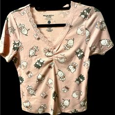 Hello Kitty And Friends Blouse. Size M. Nwt. Kawaii Cat Print Tops For Spring, Spring Kawaii Cat Print Tops, Cute V-neck Top With Graphic Print, Fitted Hello Kitty Print Kawaii Tops, Fitted Kawaii Tops With Hello Kitty Print, Kawaii Fitted Tops For Spring, Fitted Kawaii Tops For Spring, Casual Hello Kitty Print Stretch Tops, Casual Stretch Tops With Hello Kitty Print