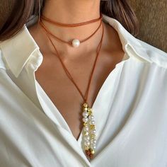 Joie DiGiovanni Leather, Pearl, and Nugget Lariat - At Present Jewelry Pearls Jewelry, Freshwater Pearl Jewelry, Thread Earrings, Gold Nugget, Pearl Leather, Pearl Gemstone, Earring Sale, Lariat Necklace, Leather Necklace