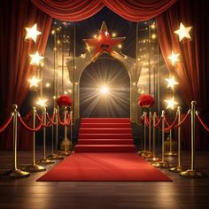 a red carpeted stage with stairs and stars