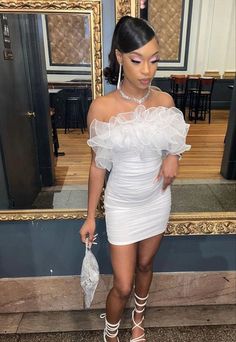 White Short Homecoming Dress With Rufflues Baddie Sweet 16 Dresses, Sweet 16 Dinner Dresses, Black Sneaker Ball Dress, 8th Grade Graduation Dresses White, Sweet Sixteen Dresses Simple, Graduation Outfit Inspiration, Semi Formal Birthday Outfit, Promotion Outfits 8th Grade, 13th Birthday Dress Ideas