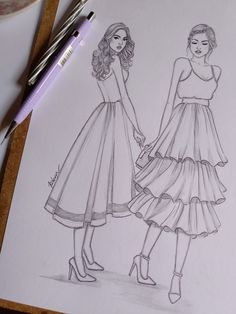 a drawing of two women in dresses holding hands