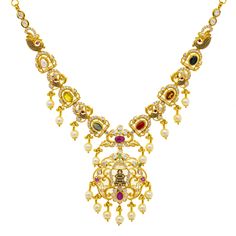 Virani Jewelers presents an exquisite 22k yellow gold necklace that embodies the grace and beauty of Indian gold Temple jewelry. This beautiful gold necklace is embellished with rubies, emeralds, pearls, sapphires, and cubic zirconia, each stone adding depth and vibrancy to the Temple jewelry design. This luxurious piece of Indian gold jewelry is perfect for those who seek elegance in their jewelry collection, offering a touch of tradition with a contemporary twist.Features• 22k yellow gold• Cub Luxury Yellow Gold Emerald Temple Necklace, Luxury Temple Jewelry With Pearl Embellishments, Luxury 22k Yellow Gold Temple Necklace, Luxury 22k Gold Yellow Temple Necklace, Luxury Yellow Elegant Temple Necklace, Luxury Yellow Temple Jewelry, Luxury Traditional Yellow Temple Necklace, Luxury Yellow Gold Temple Necklace With Ruby, Luxury Yellow Gold Ruby Temple Necklace