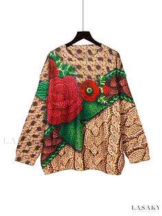 Lasaky - Retro Knit Top for Plus Size Women: Floral Pattern Long Sleeve Round Neck Pullover Sweater Retro Floral Print Long Sleeve Top, Bohemian Floral Print Winter Sweater, Multicolor Vintage Print Long Sleeve Top, Multicolor Floral Patchwork Long Sleeve Top, Bohemian Long-sleeved Floral Patchwork Outerwear, Pullover Sweaters, Round Neck, Color Block, Knit Top