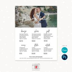 the pricing sheet for a wedding photography session with an image of a bride and groom