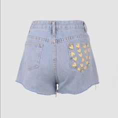 Denim Shorts With Yellow Hearts On The Back Pocket Size Small Never Worn Negotiable Cute Denim Blue Short-length Bottoms, Trendy Heart Print Bottoms For Spring, Cute Short Length Denim Bottoms, Casual Cotton Jeans With Heart Print, Trendy Heart Print Jeans For Spring, Spring Heart Print Cotton Jeans, Trendy Summer Bottoms With Heart Print, Trendy Bottoms With Heart Print For Summer, Trendy Heart Print Summer Bottoms