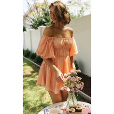 Orange Off Shoulder Irregular Hem Lantern Sleeve Dress Chic Apricot Mini Dress For Summer, Orange Knee-length Mini Dress For Summer, Casual One Shoulder Mini Dress For Spring, Casual One-shoulder Mini Dress For Spring, Apricot Mini Dress For The Beach, Apricot Summer Dress For Day Out, Apricot Mini Dress For Summer Day Out, Summer Mini Dress For Outing, Summer Apricot Dress For Day Out