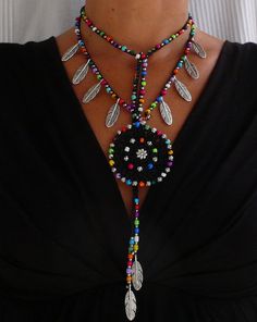 Black ETHNIC MANDALA crochet NECKLACE silver feathers boho Bohemian Black Beaded Dangle Jewelry, Handmade Bohemian Necklaces For Summer, Bohemian Handmade Necklaces For Summer, Bohemian Black Beaded Necklaces For Summer, Multicolor Bohemian Jewelry For Summer, Bohemian Lariat Beaded Necklaces With Colorful Beads, Bohemian Lariat Beaded Necklace With Colorful Beads, Hippie Macrame Necklace For Festivals, Bohemian Black Beaded Dangle Necklaces