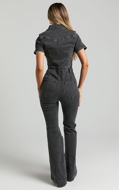 Silvena Jumpsuit - Short Sleeve Flared Denim Jumpsuit in Black Wash Goth Western Style, Venus Outfits, Black Denim Jumpsuit, Black Jumpsuit Outfit, 2024 Clothes, Jean Jumpsuit, Nashville Outfit, Jumpsuit Short, Jumpsuit Fitted