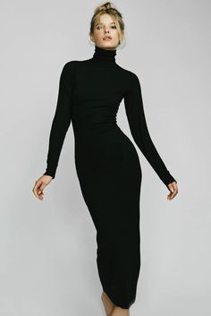 Cut from a butter soft ribbed cotton and modal blend, our maxi turtleneck dress is form-fitting, ultra flattering and lightweight. This maxi dress is the perfect day to night essential.Style with your favorite oversized blazer and a pair of knee high boots. Size & Fit Information Fits true to size, take your normal size Designed for a slim fit 47% Cotton 47% Modal 6% Spandex Model is 177 cm/5'10" and is wearing a size S Machine wash cold. Non-chlorine bleach. Tumble dry low. Cool iron. Do not dr Turtle Neck Dress Outfit, Long Black Dress Outfit, Black Turtleneck Dress, Long Sleeve Turtleneck Dress, Turtleneck Dress, Black Turtleneck, Long Black Dress, Long Sleeve Turtleneck, Turtle Neck Dress