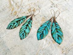 turquoise boho earrings leaf earrings feather by Gypsymoondesigns Bohemian Leaf-shaped Jewelry With Ear Wire, Bohemian Patina Earrings, Bohemian Nickel-free Leaf-shaped Earrings, Earrings Feather, Earrings Big, Turquoise Boho, Earrings Bohemian, Turquoise Green, Bohemian Earrings