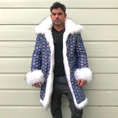 READY to SHIP -- 2 DAY Shipping! MAYAN BLUE Faux Fox Fur Coat (Unisex) READY TO SHIP! FUR: Canadian Fox Faux Fur LINING: Blue Cotton with Golden Finish Fur Weight/Thickness: Medium FEATURES: - reversible - enjoy 2 looks in one coat! - 4 big pockets: 2 on the fur side, 2 zipped pockets - on the lining side. - 4 hook closures - collar Model wears mens size M and his height is 5'10'' *Machine wash cold **Hang to dry See more options in our shop: https://www.etsy.com/shop/SHUBAdesigns Follow and tag Mens Faux Fur Coat, Fur Coat White, Men’s Fur Coat, Luxury Long Sleeve Fur Coat For Men, Faux Fox Fur Coat, Luxury Men's Faux Fur Outerwear, Fur Coat Men, White Faux Fur Coat, Collar Model