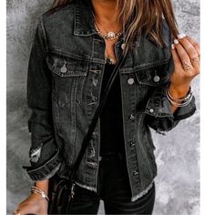 Luxe Black Vintage Wash Distressed Oversized Button Jean Jacket S M L Xl, Viscose Blend, Ships In 7-8 Days Black Oversized Buttoned Outerwear, Black Oversized Outerwear With Buttons, Oversized Black Outerwear With Buttons, Distressed Long Sleeve Outerwear In Grunge Style, Distressed Long Sleeve Grunge Outerwear, Winter Washed Black Outerwear With Buttons, Long Sleeve Grunge Outerwear With Frayed Hem, Grunge Long Sleeve Outerwear With Frayed Hem, Grunge Outerwear With Frayed Hem For Fall