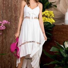 White Halter Style Maxi Dress With High Low Effect Open Back Casual Beach Maxi Dress With Cutout, Casual Cutout Maxi Dress For Beach, White Cutout Maxi Dress For Beach, Summer White Cutout Maxi Dress, White Cutout Maxi Dress For Vacation, White Cutout Maxi Dress For Summer, White Cutout Maxi Dress For Brunch, Pink Lace Maxi Dress, Tropical Maxi Dress