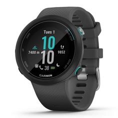 the garmin smart watch is shown in black and grey with an aqua blue band