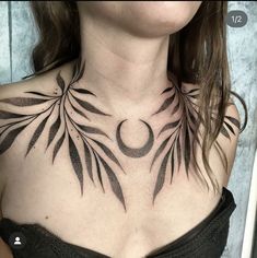 #tattoos #coupletattoos #tattoosideas #fullbodytattoos Pagan Neck Tattoo, Chest Plant Tattoo, Neck Collar Tattoo, Lower Chest Tattoos Female, Geometric Chest Tattoo Female, Leaf Back Tattoo Women, Fern Chest Tattoo Female, Delicate Throat Tattoo, Botanical Neck Tattoo