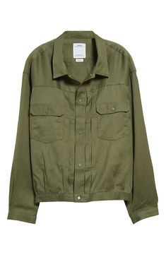 A rich olive hue and diamond-shaped snaps bring a fresh look to a staple trucker jacket that continues VISVIM's legacy of elevated wardrobe classics. Front snap closure Spread collar Snap cuffs Chest snap-flap patch pockets 64% linen, 36% wool Dry clean Made in Japan Designer Clothing Asian & Pacific Islander Owned/Founded Classic Khaki Utility Jacket With Lapel Collar, Khaki Utility Jacket With Snap Buttons And Lapel Collar, Classic Khaki Shacket With Flap Pockets, Classic Collared Khaki Utility Jacket, Classic Green Utility Jacket For Work, Classic Olive Utility Jacket With Flap Pockets, Classic Olive Button-up Outerwear, Classic Khaki Shacket With Button Closure, Green Utility Jacket With Snap Buttons For Work