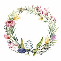 a watercolor wreath with flowers and leaves