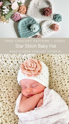 a baby laying on top of a blanket next to two crocheted hats