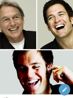 three pictures of two men smiling and one is brushing his teeth with an electric toothbrush