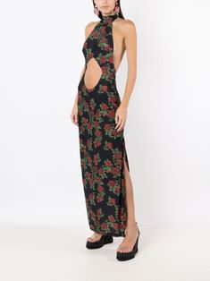 Amir Slama cut-out floral-pattern maxi dress Date Night Halter Neck Maxi Dress With Side Slits, Halter Neck Maxi Dress With Side Slits, Fitted Maxi Halter Dress With Side Slits, Fitted Halter Maxi Dress With Side Slits, Fitted Halter Dress With Side Slits And Backless Design, Fitted Backless Halter Dress With Side Slits, Halter Neck Dress With Side Slits For Date Night, Date Night Halter Dress With Side Slits, Spring Sleeveless Halter Dress With Side Slits