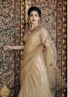 Saniya Iyappan, M Signature, D Signature, Worked Blouse, Gold Saree, Brown Lipstick, Half Sleeve Blouse, Embroidery Saree, Saree Look