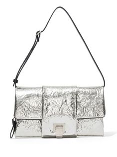 silver-tone lambskin metallic effect adjustable shoulder strap foldover top zip fastening internal slip pocket internal zip-fastening pocket Luxury Silver Shoulder Bag With Magnetic Closure, Silver Crossbody Shoulder Bag With Silver-tone Logo, Silver Leather Shoulder Bag With Magnetic Closure, Luxury Metallic Shoulder Bag With Palladium Hardware, Luxury Metallic Silver Shoulder Bag, Luxury Metallic Bag With Silver-tone Logo Plaque, Silver Crossbody Shoulder Bag With Magnetic Closure, Metallic Silver Leather Evening Bag, Modern Metallic Silver Shoulder Bag For Evening