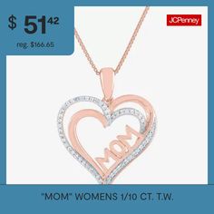 Let this "Mom" heart pendant necklace serve as a reminder to your mother of how much you love and adore her. It is masterfully crafted in 14K rose gold over silver with a spring ring clasp. The bunch of 40 natural white diamonds dress it up further making the neckpiece truly statement making.Features: Mom Jewelry, Quick ShipDiamond Clarity: I3Jewelry Closure: Spring Ring ClaspSetting: ProngShape: HeartStone Cut: RoundDiamond Color: I-JMetal Color: RoseChain Length: 18 InchPendant Length: 20.3mm… Diamonds Dress, Diamond Dress, Silver Heart Pendant, Mom Jewelry, White Diamonds, Heart Pendant Necklace, Silver Heart, Spring Rings, White Diamond