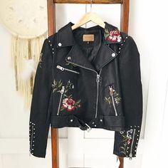 Boho Vegan Leather Jacket By Driftwood. Quality Faux Leather With Beautiful Embroidery And Stud Details! Tag States Letter Sizing S=4 M=6 L=8/10 Xl=12 Embroidered Leather Jacket For Fall, Embroidered Biker Jacket For Winter, Casual Long Sleeve Biker Jacket With Floral Embroidery, Winter Leather Jacket With Floral Embroidery And Long Sleeves, Embroidered Long Sleeve Biker Jacket For Spring, Long Sleeve Leather Jacket With Floral Embroidery For Winter, Trendy Embroidered Leather Jacket For Fall, Embroidered Long Sleeve Leather Jacket For Spring, Embroidered Leather Jacket With Long Sleeves For Spring