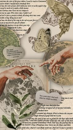 collage of hands and butterflies over an old book page with handwritten text on it