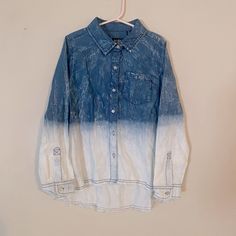 Girls Size Small Long Sleeved Shirt . Two Toned Denim . New With Tag From Kidpik White Denim Casual Tops, Trendy Bleached Cotton Tops, Trendy White Denim Tops, Blue Long Sleeve Bleached Top, Long Sleeve Bleached Cotton Tops, Casual Bleached Blue Top, Casual Blue Bleached Top, White Bleached Long Sleeve Top, Casual Bleached Cotton Shirt