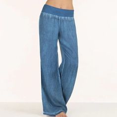 Indulge in effortless luxury with our Casual Elastic Waist Denim Wide Leg Pants. Crafted with superior comfort and a trendy wide leg design, these pants will elevate your everyday looks. The elastic waist ensures a perfect fit while the denim material adds a touch of classic sophistication. Perfect for any occasion. Estilo Hipster, Denim Wide Leg, Kimono Coat, High Fashion Women, Modest Swimwear, Fashion Jeans, Estilo Hip Hop, Jeans Casual, Loose Jeans