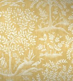 an old wallpaper with white trees and birds on yellow background, from the late 19th century