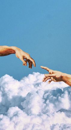 two hands reaching out to touch each other in the sky with clouds and blue sky behind them