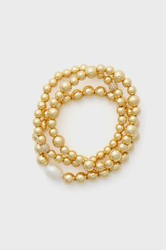 Gold Chloe Bracelet Set Gold Stackable Jewelry With Round Beads, Everyday Gold Jewelry With Jewels, Gold-tone Metal Jewelry With Round Beads, Metal Bracelet With Gold Beads, Gold Beads Metal Bracelet, Gold-tone Jewelry With Gold Beads, Everyday Gold Beaded Bracelet Jewelry, Bright Earrings, Chunky Necklaces