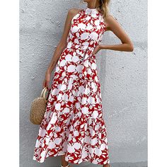 Red Floral Print Halter Maxi Dress Red A-line Maxi Dress For Day Out, Red A-line Maxi Dress For Spring, Red A-line Maxi Dress For Summer, Red Floral Print, Red Midi Dress For Spring Vacation, Red Maxi Dress For Spring Day Out, Red Floral Print Midi Dress For Beach, Red A-line Maxi Dress For The Beach, Spring Red A-line Maxi Dress