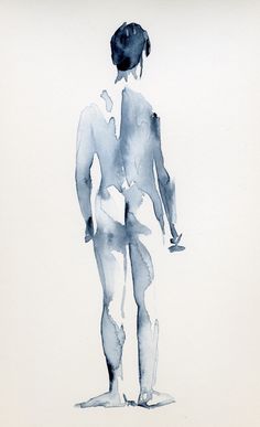 a watercolor drawing of a man standing with his back to the camera